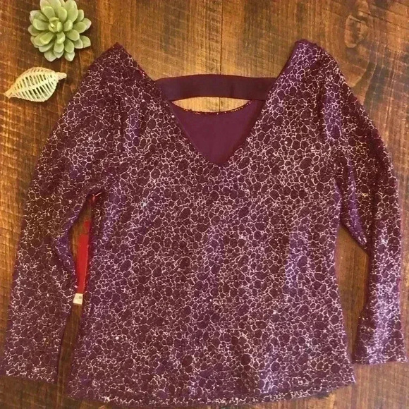 Jennifer Lopez | Berry Colored Sparkle Blouse with Open V Back - Picture 3 of 7